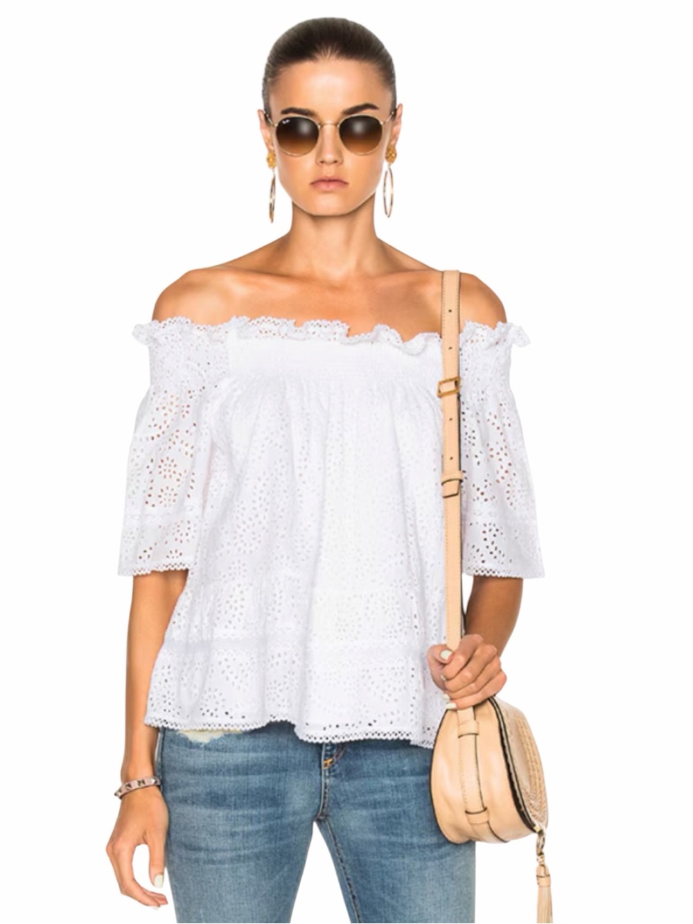 Needle & Thread - Off the Shoulder Boho Top -  White Eyelet Cotton - Sz. 6